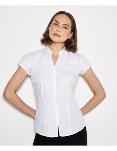 K-KK727-Tailored Fit Mandarin Collar Poplin Blouse Cap Sleeve 2